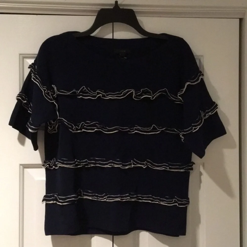 J. Crew Navy White Ruffle Boatneck sweater S M